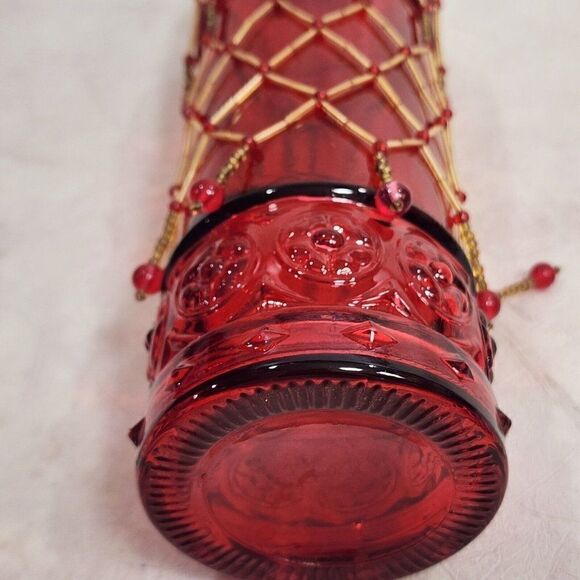 Vtg Red 12.75" Tall Glass Bottle w Hand Beaded Detailing - Picture 7 of 10